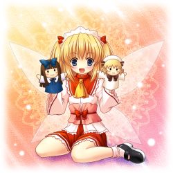 Rule 34 | 1girl, blonde hair, blue eyes, brown hair, character doll, drill hair, hand fan, female focus, hat, long hair, luna child, perfect memento in strict sense, puppet, short hair, solo, star sapphire, sunny milk, touhou, twintails, two side up, wings, yamasan