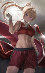 Rule 34 | 1girl, abs, absurdres, bandages, bare arms, bare shoulders, blonde hair, blush, boxing shorts, breasts, closed mouth, highres, large breasts, long hair, looking at viewer, navel, original, ponytail, purple eyes, red shorts, red sports bra, shorts, silvertsuki, solo, sports bra, spotlight