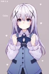 Rule 34 | 1girl, 2018, :o, blue bow, blue bowtie, blue eyes, blush, bow, bowtie, buttons, character name, dated, dot nose, gochuumon wa usagi desu ka?, grey background, hachikuji, hair between eyes, hair ornament, hands up, heart, kafuu chino, long sleeves, rabbit house uniform, simple background, solo, straight hair, uniform, v-shaped eyebrows, waitress, white hair, x hair ornament