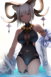 Rule 34 | 1girl, animal ears, arknights, armlet, bare shoulders, black one-piece swimsuit, breasts, carnelian (arknights), carnelian (shimmering dew) (arknights), clothing cutout, cowboy shot, dark-skinned female, dark skin, grin, highres, horns, jacket, large breasts, lodbyy, looking at viewer, navel, navel cutout, off shoulder, official alternate costume, one-piece swimsuit, open clothes, open jacket, red eyes, short hair, simple background, smile, solo, standing, swimsuit, thighs, wading, white background, white hair, white jacket