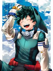 Rule 34 | 1boy, absurdres, arm up, belt, bodysuit, boku no hero academia, border, closed eyes, cloud, commentary request, day, facing viewer, freckles, gloves, green bodysuit, green hair, happy birthday, highres, hood, hood up, hooded bodysuit, kai2 ly, male focus, midoriya izuku, open mouth, outside border, red belt, short hair, signature, sitting, smile, solo, white border, white gloves