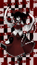 Rule 34 | 1girl, absurdres, adapted costume, am24, black hair, bow, checkered background, colored skin, detached sleeves, expressionless, female focus, fingerless gloves, gloves, gohei, hair bow, hair tubes, hakurei reimu, highres, japanese clothes, miko, navel, ofuda, pale skin, red eyes, solo, touhou, white skin, wide sleeves