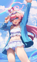 Rule 34 | 1girl, :d, ahoge, arm up, bikini, blue archive, blue eyes, blue jacket, blue sky, cloud, day, eyewear on head, fang, halo, heterochromia, highres, hoshino (blue archive), hoshino (swimsuit) (blue archive), jacket, long hair, looking at viewer, mixjuice, ocean, official alternate costume, open clothes, open jacket, open mouth, outdoors, pink hair, pink halo, sky, smile, solo, standing, sunglasses, swimsuit, translation request, white bikini, yellow eyes