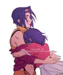Rule 34 | 2girls, aged down, bad source, cowboy bebop, crying, dual persona, faye valentine, hairband, hug, johannathemad, lipstick, makeup, multiple girls, purple hair, simple background, size difference, skirt, white background, white skirt, yellow hairband