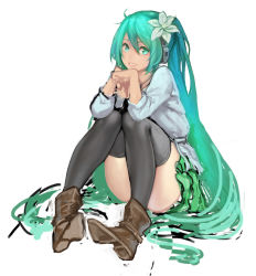Rule 34 | 1girl, ankle boots, aqua eyes, aqua hair, black thighhighs, boots, brown footwear, fasces (jeson110), flower, green skirt, hair flower, hair ornament, hatsune miku, headphones, knees up, long hair, looking at viewer, simple background, sitting, skirt, smile, solo, thighhighs, twintails, unfinished, very long hair, vocaloid