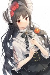 Rule 34 | 1girl, black bow, black dress, black hair, black ribbon, blouse, bow, commentary, dress, flower, hair flower, hair ornament, hairband, highres, holding, holding flower, lolita fashion, lolita hairband, long hair, looking at viewer, original, red eyes, red flower, red rose, resolution mismatch, ribbon, rose, shirt, short sleeves, simple background, solo, source larger, white background, white dress, yuhi (hssh 6)