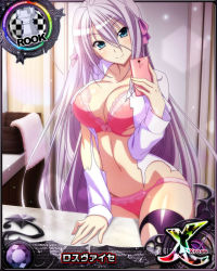 Rule 34 | 1girl, antenna hair, aqua eyes, black thighhighs, bra, breasts, card (medium), cellphone, character name, chess piece, cleavage, closed mouth, hair between eyes, hair ribbon, high school dxd, high school dxd cross, large breasts, long hair, navel, no pants, no shoes, official art, open clothes, open shirt, panties, phone, pink bra, pink panties, ribbon, rook (chess), rossweisse, selfie, shirt, silver hair, smartphone, smile, solo, thighhighs, thighs, torn clothes, trading card, underwear, very long hair, white shirt