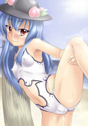 Rule 34 | 1girl, adapted costume, bare legs, bare shoulders, blue hair, blush, breasts, cameltoe, casual one-piece swimsuit, covered erect nipples, fat mons, female focus, flexible, food, fruit, galbany (tsgororin), goro (artist), hat, highres, hinanawi tenshi, leg lift, long hair, navel, nipples, one-piece swimsuit, peach, pussy juice, red eyes, small breasts, smile, solo, spread legs, sweat, swimsuit, touhou