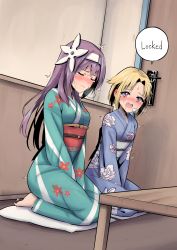Rule 34 | 2girls, aqua kimono, barefoot, between legs, blonde hair, blue kimono, blush, breasts, breath, closed eyes, closed mouth, cushion, door, drooling, dutch angle, ear blush, embarrassed, english text, female focus, floral print, full body, hair intakes, hairband, hand between legs, have to pee, highres, indoors, japanese clothes, kimono, legs together, long hair, long sleeves, miruru (rune (dualhart)), multiple girls, nose blush, obi, open mouth, original, purple eyes, purple hair, rune (dualhart), saliva, sash, seiza, short hair, shuriken hair ornament, sidelocks, sitting, small breasts, speech bubble, sweat, table, tears, trembling, v arms, wavy mouth, white hairband, yurina (rune (dualhart))