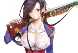 Rule 34 | 1girl, ark royal (azur lane), azur lane, black hair, blue eyes, blush, breasts, cleavage, covered erect nipples, gloves, gun, hair over one eye, hira kawae, holding, jacket, large breasts, looking at viewer, over shoulder, short hair, simple background, solo, upper body, weapon, white background