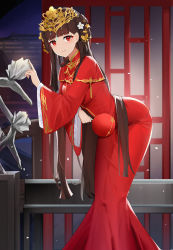 Rule 34 | 1girl, azur lane, blunt bangs, breasts, brown hair, butterfly hair ornament, closed mouth, dress, feet out of frame, hair ornament, hand fan, highres, holding, holding fan, indoors, leaning forward, light particles, long hair, long sleeves, looking at viewer, medium breasts, night, paper fan, qing wu, red dress, red eyes, smile, solo, standing, uchiwa, very long hair, wide sleeves, yat sen (azur lane), yat sen (coronal afterglow) (azur lane)
