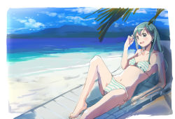 Rule 34 | 10s, 1girl, aqua hair, bad id, bad pixiv id, barefoot, beach, beach chair, bikini, blush, breasts, chair, day, hair ornament, hairclip, kantai collection, long hair, looking at viewer, lounge chair, lying, navel, ocean, on back, outdoors, personification, sitting, small breasts, solo, striped bikini, striped clothes, suzuya (kancolle), swimsuit, ume (plumblossom), water