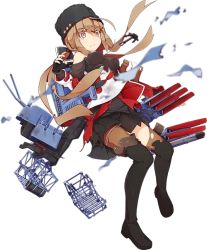 Rule 34 | boots, brown hair, full body, fur hat, hair ornament, hair ribbon, hairclip, hat, kantai collection, knee boots, miniskirt, official art, pantyhose, papakha, ribbon, skirt, solo, tashkent (kancolle), torn clothes, torn pantyhose, transparent background, twintails