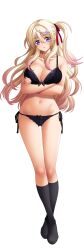 Rule 34 | 1girl, absurdres, bishop (company), black bra, black panties, black thighhighs, blonde hair, blush, bow, bow bra, bow panties, bra, breasts, cleavage, closed mouth, eyes visible through hair, floral print, full body, hair intakes, hair ornament, hair ribbon, hand on own chest, hanemiya tsukasa, highres, lace, lace-trimmed bra, lace trim, large breasts, lingerie, long hair, looking at viewer, multicolored hair, panties, purple eyes, ribbon, shinshoku, side-tie panties, side ponytail, smile, solo, thighhighs, underwear, underwear only