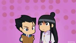 Rule 34 | 1boy, 1girl, ace attorney, adjusting another&#039;s hair, adjusting hair, animated, animated gif, artist name, black hair, blue suit, capelet, chibi, commentary, formal, hair bobbles, hair ornament, half updo, holding, japanese clothes, jewelry, kimono, long hair, magatama, maya fey, necklace, necktie, pearl necklace, phoenix wright, phoenix wright: ace attorney - spirit of justice, polka dot, polka dot background, reading, red necktie, rica diaz, short hair, sidelocks, smile, suit