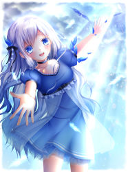 Rule 34 | 1girl, :d, blue dress, blue eyes, bow, crying, crying with eyes open, dress, hair bow, hair ribbon, highres, long hair, looking at viewer, open mouth, original, reaching, ribbon, shitou, silver hair, smile, solo, streaming tears, tears