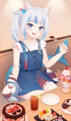 Rule 34 | 1girl, absurdres, animal ears, blunt bangs, cat ears, fins, fish tail, food, food focus, gawr gura, gawr gura (casual), highres, hololive, hololive english, indoors, lemonfira, looking at viewer, ponytail, solo, tail, virtual youtuber