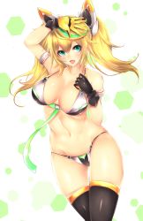 Rule 34 | 1girl, adapted costume, bare shoulders, bikini, black gloves, black thighhighs, blonde hair, blush, breasts, cleavage, cowboy shot, fang, frofrofrost, gene (pso2), gloves, green eyes, green hair, halterneck, hand on own head, highres, large breasts, long hair, looking at viewer, matching hair/eyes, multicolored bikini, multicolored clothes, multicolored hair, navel, open mouth, outstretched hand, phantasy star, phantasy star online 2, sideboob, smile, solo, streaked hair, swimsuit, thighhighs, thighs, two-tone hair