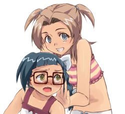 Rule 34 | 00s, 2girls, asatte no houkou, bandeau, blush, bow, braid, freckles, glasses, grin, hair bow, lowres, multiple girls, nogami shouko, open mouth, shionzaki kotomi, shiozaki kotomi, side braid, smile, two side up