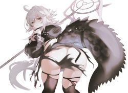 Rule 34 | 1girl, absurdres, ahoge, arknights, ass, bare shoulders, bent over, black dress, closed mouth, crocodilian tail, detached sleeves, dress, from behind, grey hair, highres, holding, holding staff, hood, hood down, l.v.c., long hair, long sleeves, looking at viewer, looking back, no panties, pointy ears, simple background, smile, solo, staff, tail, tail strap, thighhighs, tomimi (arknights), torn clothes, torn dress, torn thighhighs, very long hair, white background, yellow eyes