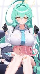 Rule 34 | 2girls, absurdres, ahoge, aqua necktie, bandaid, bandaid on leg, black gloves, blue archive, blush, breasts, bulletproof vest, chest harness, commentary, couch, feet out of frame, gloves, green hair, halo, harness, highres, hoshino (blue archive), hoshino (young) (blue archive), huge ahoge, lap pillow, large breasts, long hair, looking at another, lying, multiple girls, necktie, on couch, on side, pink hair, rivet (vvrn2825), shirt, sitting, sweatdrop, very long hair, white shirt, yume (blue archive)