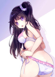 Rule 34 | 1girl, 54hao, ass, bare arms, bare shoulders, blush, bra, breasts, brown hair, butt crack, commentary request, fingernails, hair ornament, highres, large breasts, leaning forward, long hair, looking at viewer, looking back, one side up, open mouth, original, panties, purple background, purple eyes, see-through, shadow, side-tie panties, solo, two-tone background, tying, tying panties, underwear, underwear only, very long hair, white background, white bra, white panties