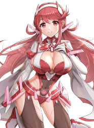 1girl absurdres alternate_costume alternate_hairstyle breasts chest_jewel cleavage gonzarez hair_between_eyes highres hip_vent large_breasts long_hair prototype_design pyra_(xenoblade) red_eyes red_hair simple_background solo tiara twintails very_long_hair white_background xenoblade_chronicles_(series) xenoblade_chronicles_2