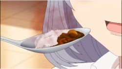 Rule 34 | 1boy, 1girl, animated, animated gif, assistant (tejina senpai), blush, breasts, chewing, eating, food, large breasts, lowres, see-through, silver hair, spicy, spoon, subtitled, swallowing, sweat, tears, tejina senpai, tejina senpai (series)
