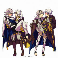 Rule 34 | 2boys, 2girls, apticho, armor, artist name, bad id, bad tumblr id, blush, boots, cape, carrying, cloak, corrin (female) (fire emblem), corrin (fire emblem), corrin (male) (fire emblem), corrin (male) (fire emblem), dual persona, embarrassed, eye contact, fingerless gloves, fire emblem, fire emblem awakening, fire emblem fates, gloves, hairband, looking at another, multiple boys, multiple girls, nintendo, pointy ears, princess carry, robin (female) (fire emblem), robin (fire emblem), robin (male) (fire emblem), silver hair, simple background, smile, super smash bros., thighhighs, toeless legwear, toes, twintails, white background