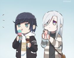 Rule 34 | 2girls, alternate costume, artist name, black hair, black jacket, blue eyes, casual, cellphone, chibi, commentary, contemporary, earrings, eating, english commentary, expressionless, food, genshin impact, gradient background, green eyes, hair over one eye, holding, holding food, holding ice cream, holding phone, ice cream, ice cream cone, jacket, jewelry, long hair, multiple girls, phone, shenhe (genshin impact), smartphone, taking picture, xinzoruo, yelan (genshin impact)