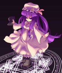 Rule 34 | 1girl, atorei, bad id, bad pixiv id, book, crescent hat ornament, female focus, hat, hat ornament, long hair, magic circle, patchouli knowledge, purple eyes, purple hair, ribbon, solo, touhou, very long hair