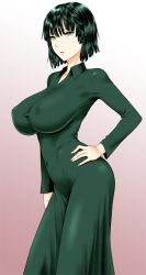 Rule 34 | 1girl, black hair, blunt bangs, bob cut, breasts, covered erect nipples, dress, fubuki (one-punch man), green dress, green eyes, hand on own hip, huge breasts, impossible clothes, long sleeves, looking at viewer, one-punch man, solo, st.germain-sal, taut clothes, taut dress