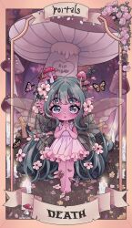Rule 34 | 1girl, absurdly long hair, absurdres, barefoot, blue eyes, bug, butterfly, butterfly wings, chibi, colored skin, cross, cry baby (portals), death (tarot), dress, extra eyes, flower, full body, grass, green hair, hair flower, hair ornament, highres, insect, insect wings, isosceless, long hair, looking at viewer, melanie martinez, mushroom, mushroom on head, own hands together, parted lips, pink skin, real life, sleeveless, sleeveless dress, solo, tarot, tarot (medium), very long hair, wings
