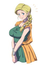 Rule 34 | 1girl, absurdres, aqua dress, belt, bianca (dq5), black belt, blonde hair, blue eyes, blush, braid, breasts, cape, closed mouth, collarbone, dragon quest, dragon quest v, dress, earrings, hair over shoulder, highres, jewelry, large breasts, long hair, looking at viewer, neck ring, notice lines, orange cape, powerhamuhamu, simple background, single braid, smile, solo, taut clothes, taut dress, v arms, white background, wristlet