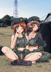 Rule 34 | 10s, 2girls, ;p, akanbe, akiyama yukari, ammunition, arm support, bandaid, belt, beret, black gloves, black hat, boots, breasts, brown eyes, brown hair, camouflage, canteen, cleavage, closed eyes, collar tug, collarbone, combat boots, crop top, day, dog tags, emblem, eyelid pull, full body, girls und panzer, gloves, hat, hot, indian style, looking at viewer, medium breasts, messy hair, military, military hat, military vehicle, multiple girls, nakamura 3sou, name tag, navel, nishizumi miho, one eye closed, outdoors, panties, pants, panty peek, photo background, real world location, short hair, shorts, sitting, sweat, tactical clothes, tongue, tongue out, underwear, white panties