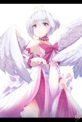 Rule 34 | 1girl, angel wings, antenna hair, bad id, bad pixiv id, bare shoulders, bow, breasts, clothes lift, cowboy shot, detached sleeves, dress, dress lift, feathered wings, fitoria (tate no yuusha no nariagari), highres, layered dress, letterboxed, lifted by self, light frown, looking at viewer, murata ryou, purple bow, purple eyes, short hair, signature, small breasts, solo, tate no yuusha no nariagari, white dress, white wings, wings