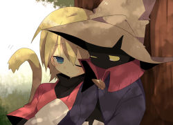 Rule 34 | 1boy, 1girl, against tree, artist request, bad id, bad pixiv id, black mage (final fantasy), black shirt, blonde hair, blue eyes, blush, breasts, closed mouth, commentary request, facing viewer, final fantasy, final fantasy ix, hair ornament, hair tie, hat, head on another&#039;s shoulder, looking at viewer, mikoto (ff9), mikoto (ffix), multicolored clothes, multicolored shirt, one eye closed, outdoors, pink shirt, robe, shade, shirt, short hair, short sleeves, side-by-side, sitting, sitting together, tail, tree, upper body, white shirt, yellow eyes