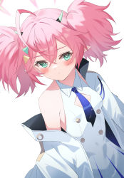 Rule 34 | absurdres, ahoge, blue archive, blue necktie, blush, breasts, cleavage cutout, clothing cutout, collared dress, dress, green eyes, halo, highres, horns, jacket, looking at viewer, medium hair, momoka (blue archive), multicolored clothes, multicolored jacket, necktie, pink hair, pointy ears, simple background, sleeveless, sleeveless dress, small breasts, sutei (arece15), twintails, white dress