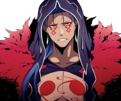 Rule 34 | 1boy, blue hair, chest tattoo, cu chulainn (fate), cu chulainn (fate) (all), cu chulainn (fate/stay night), cu chulainn alter (fate), cu chulainn alter (fate/grand order), dark-skinned male, dark skin, facial mark, fate/grand order, fate (series), hair over shoulder, hood, hz (666v), lancer, long hair, looking at viewer, male focus, manly, muscular, pectoral cleavage, pectorals, red eyes, solo, tattoo, teeth, upper body, white background