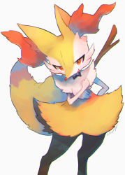 Rule 34 | animal ear fluff, braixen, commentary request, creatures (company), fang, furry, game freak, gen 6 pokemon, hand up, highres, kikuyoshi (tracco), looking at viewer, nintendo, open mouth, orange eyes, pokemon, pokemon (creature), signature, simple background, skin fang, smile, solo, stick, white background, white fur