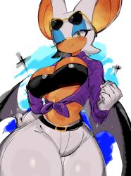 Rule 34 | 1girl, belt, black tube top, blue eyeshadow, blush, breasts, cleavage, closed mouth, cowboy shot, crop top, eyeshadow, eyewear on head, furry, furry female, gloves, green eyes, highres, large breasts, looking at viewer, makeup, navel, one eye closed, pants, rouge the bat, solo, sonic (series), standing, strapless, sunglasses, the murder of sonic the hedgehog, thick thighs, thighs, tube top, usa37107692, white gloves, white pants