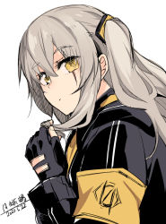 Rule 34 | 1girl, armband, black gloves, black jacket, brown hair, closed mouth, commentary request, dated, expressionless, fingerless gloves, girls&#039; frontline, gloves, grey hair, hair between eyes, hair ornament, holding, holding hair, jacket, long hair, looking at viewer, one side up, scar, scar across eye, scar on face, simple background, solo, tsuki tokage, ump45 (girls&#039; frontline), white background, yellow eyes