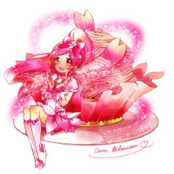 Rule 34 | 10s, 1girl, blush, boots, bow, character name, cure blossom, dress, food, hair ribbon, hanasaki tsubomi, heartcatch precure!, knee boots, kuzumochi, long hair, magical girl, mont blanc (food), open mouth, pink bow, pink eyes, pink hair, pink theme, ponytail, precure, ribbon, sitting, smile, solo