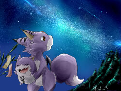 Rule 34 | 2others, closed eyes, digimon, digimon (creature), dorimon, dorumon, multiple others, open mouth, sky, star (sky), starry sky, tail