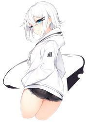 Rule 34 | 1girl, ass, black shorts, blue eyes, blush, closed mouth, denim, denim shorts, from behind, hair between eyes, hair ornament, hairclip, hands in pockets, highres, hood, hoodie, looking at viewer, looking back, original, otokuyou, ringo-chan (otokuyou), short hair, short shorts, shorts, simple background, solo, standing, white background, white hair