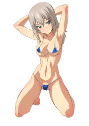 Rule 34 | 10s, 1girl, areola slip, armpits, arms behind head, arms up, bikini, blue eyes, blush, breasts, covered erect nipples, female focus, full body, girls und panzer, grey hair, groin, habirisu, highres, itsumi erika, kneeling, long hair, looking at viewer, medium breasts, micro bikini, navel, simple background, solo, swimsuit, white background