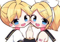 Rule 34 | 1boy, 1girl, bare shoulders, black collar, black sleeves, blonde hair, blue eyes, blush, bow, brother and sister, cheek-to-cheek, collar, commentary, detached sleeves, from side, hair bow, hair ornament, hairclip, heads together, highres, holding hands, kagamine len, kagamine rin, kasaki sakura, looking at viewer, looking to the side, necktie, open mouth, sailor collar, school uniform, shirt, short hair, short ponytail, shoulder tattoo, siblings, side-by-side, sleeveless, sleeveless shirt, smile, spiked hair, swept bangs, symmetry, tattoo, twins, upper body, vocaloid, white background, white bow, white shirt, yellow neckwear