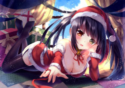 Rule 34 | 10s, 1girl, bare shoulders, bell, bison cangshu, black hair, black thighhighs, blush, breasts, christmas, cleavage, clock eyes, date a live, detached sleeves, dress, garter straps, hat, head rest, heterochromia, long hair, looking at viewer, lying, neck ribbon, on stomach, open mouth, red eyes, ribbon, santa costume, santa hat, smile, solo, string, string of fate, symbol-shaped pupils, thighhighs, tokisaki kurumi, twintails, yellow eyes