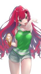 Rule 34 | 1girl, absurdres, breasts, baobhan sith (fate), fate/grand order, fate (series), food, green hoodie, green shirt, grey eyes, highres, holding, holding food, hood, hoodie, ice cream, ice cream cone, ice cream cone spill, licking, licking self, long hair, looking at viewer, medium breasts, nail polish, pink hair, pointy ears, quick shirt, red nails, shirt, single scoop, sleeveless, smile, soft serve, solo, somebody (leiking00), t-shirt, tongue, tongue out, waffle cone