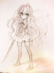 Rule 34 | 00s, 1girl, aisaka taiga, bad id, bad pixiv id, bokken, kistina, long hair, looking at viewer, monochrome, pink background, sketch, skirt, solo, sword, thighhighs, toradora!, traditional media, weapon, wooden sword